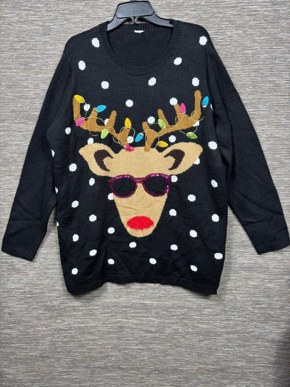 VTG Holiday Time Cool Reindeer Knit Sweater Womens Size XXL Black Pullover